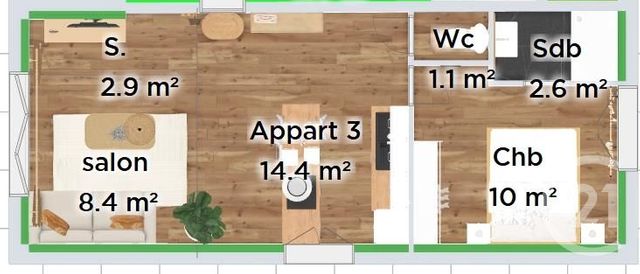 Appartement T2 à vendre - 2 pièces - 39.4 m2 - FOUGERES - 35 - BRETAGNE - Century 21 Gambetta
